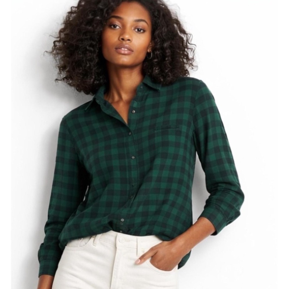 Tuckernuck Saranac Green Black Buffalo Plaid Puff Shoulder Flannel Shirt Medium